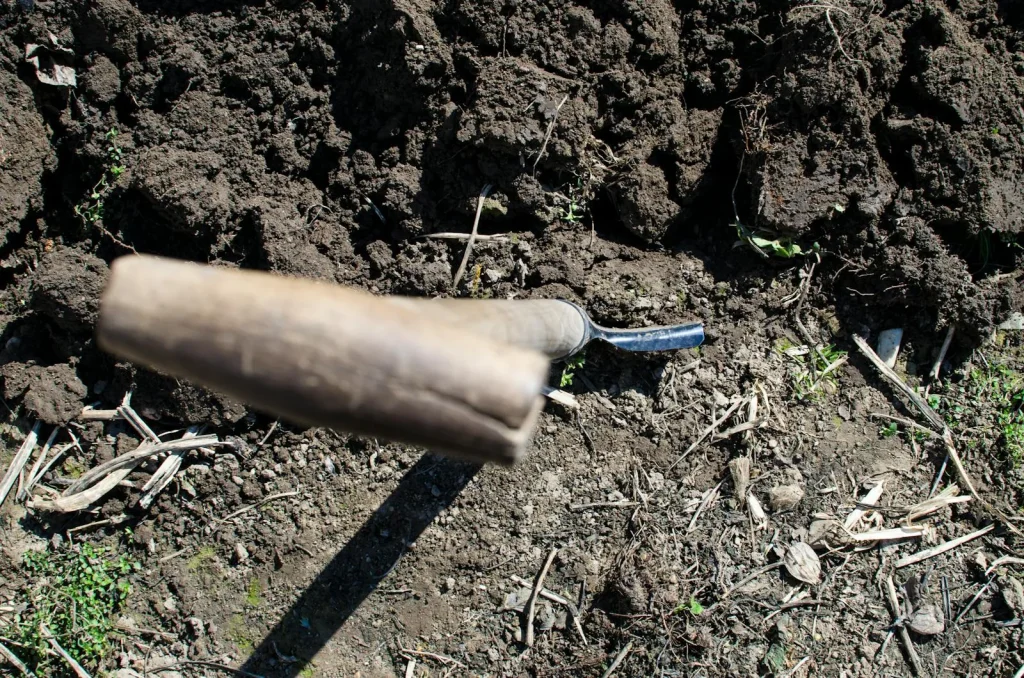 Garden spade pushed into freshly turned soil ready for planting