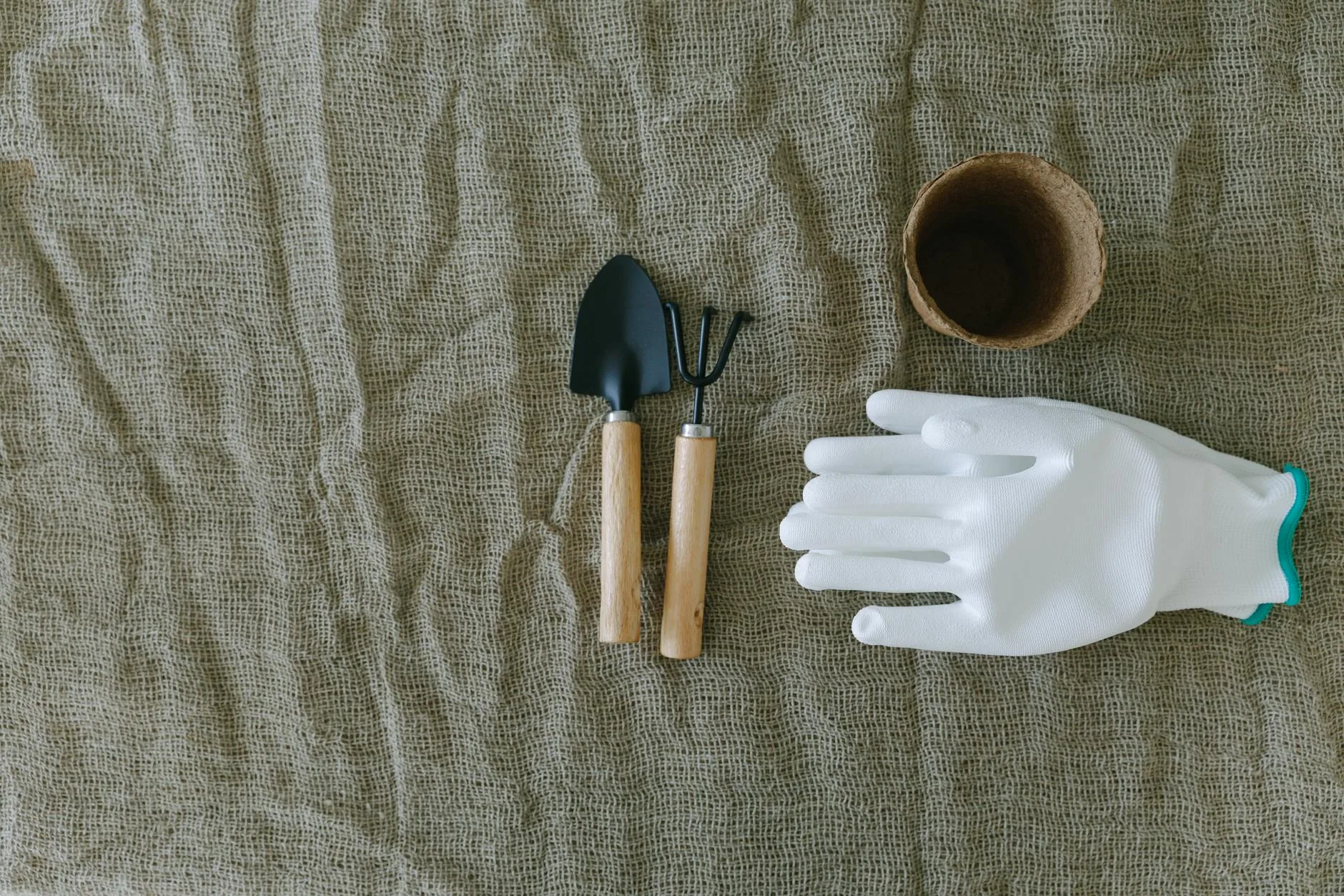 Collection of garden tools including trowel and gloves