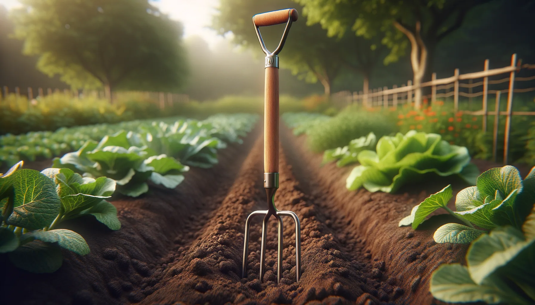 Garden digging fork with four tines stuck in allotment soil