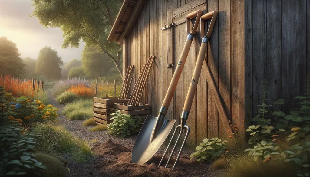 Garden fork and spade with wooden handles leaning against a shed
