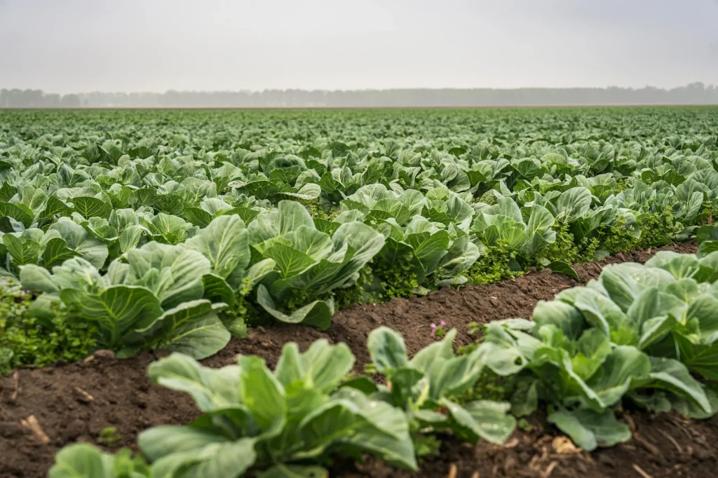 Vegetable garden with rows of growing crops