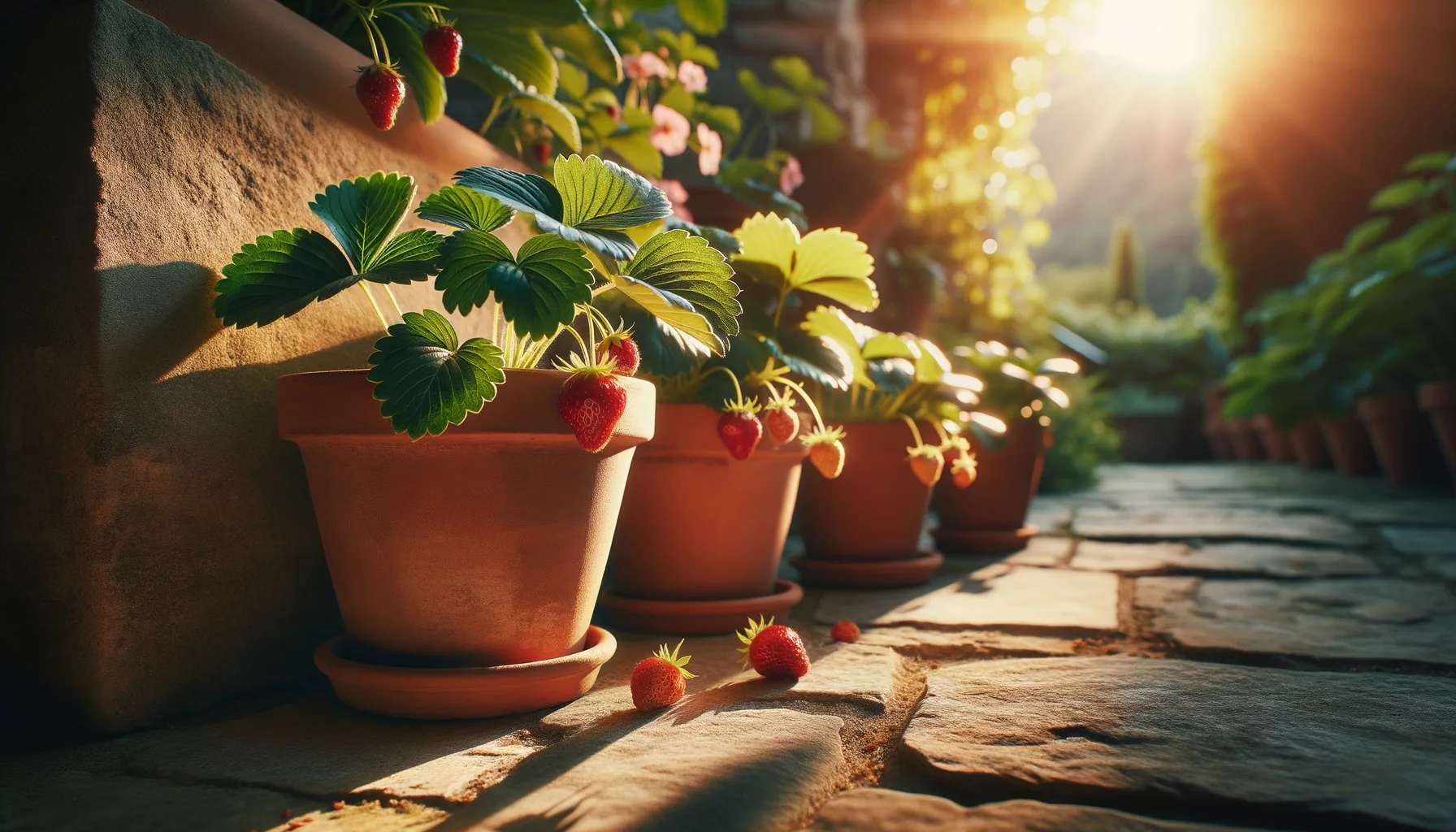 Strawberry plants with ripe fruit growing in terracotta pots on a patio
