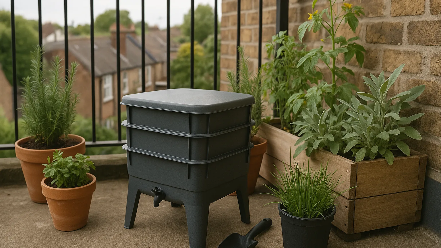 Compact wormery compost bin on a balcony beside plants
