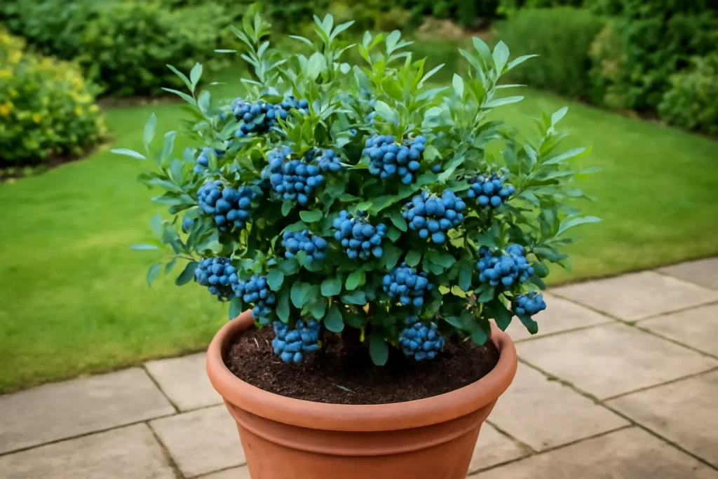 Blueberry plant growing with berries in a large patio container