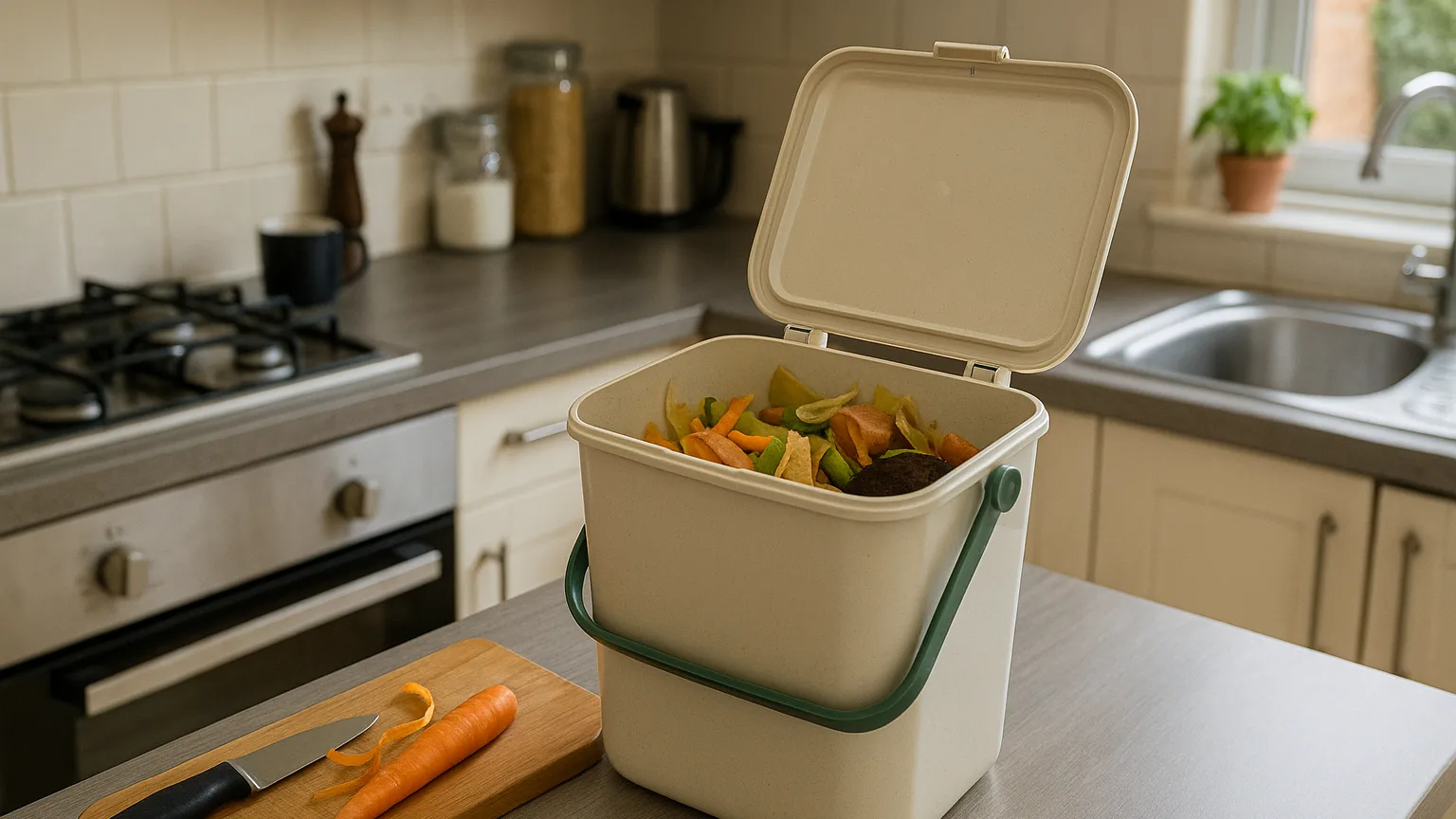 Bokashi kitchen compost bucket with vegetable scraps