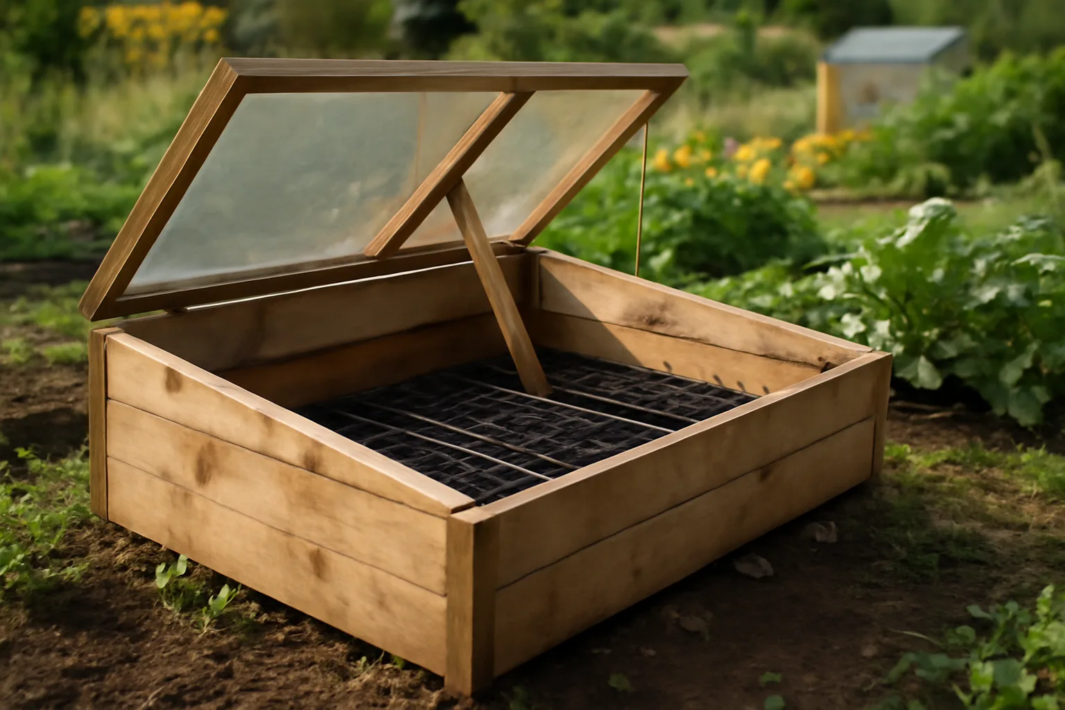 Wooden cold frame lid propped open for seedling ventilation