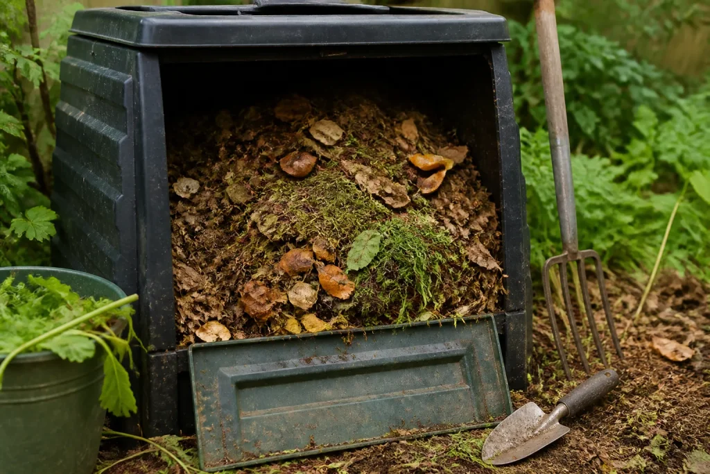 Open compost bin with mixed organic waste in a UK garden