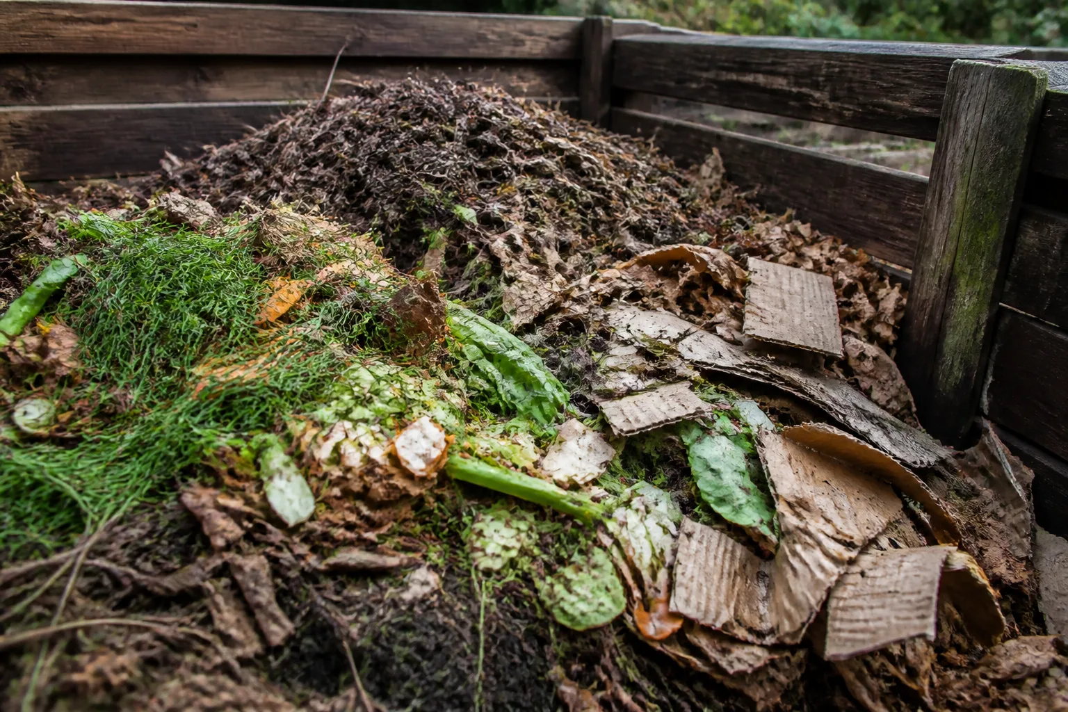 Compost heap layered with green waste and brown cardboard