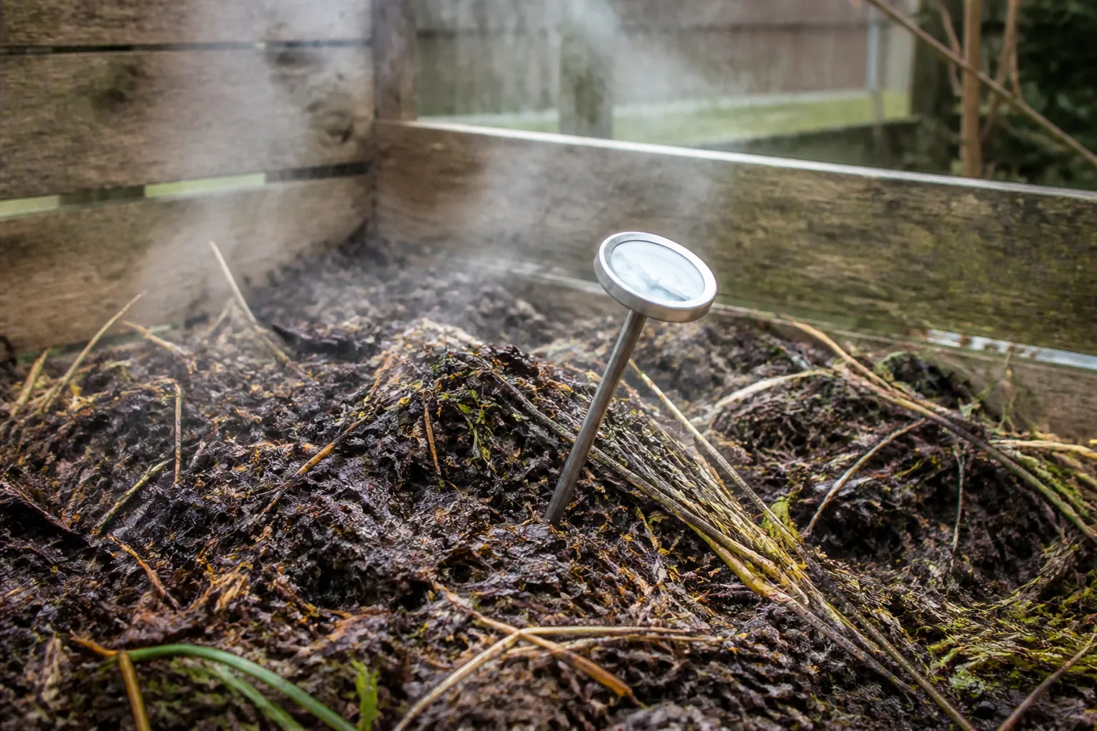 Compost thermometer testing the centre of an active heap