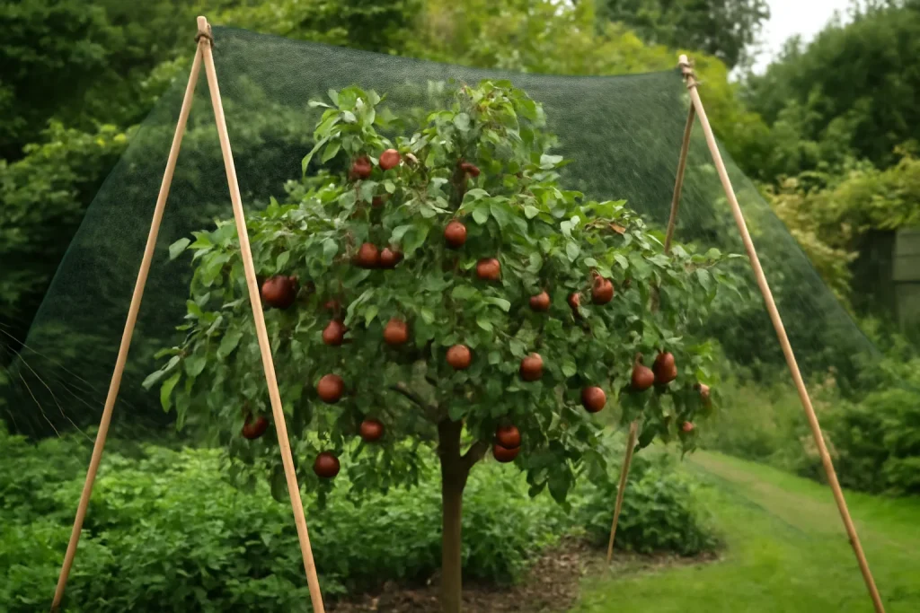 Fruit tree covered with bird netting in a UK garden