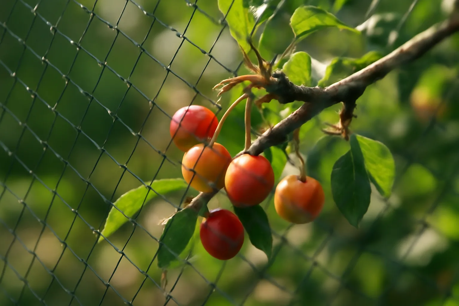 Close up of bird netting protecting ripening fruit
