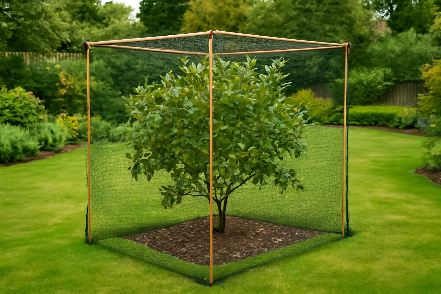 Bird netting held on a frame around a small fruit tree