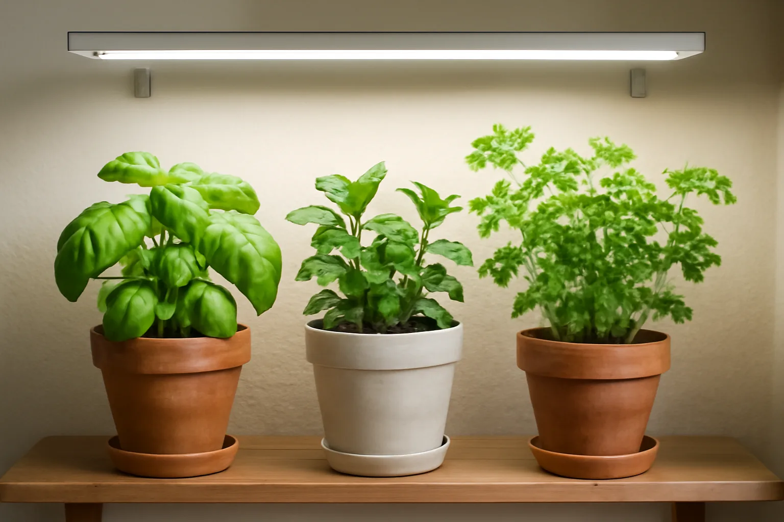 Basil, mint and parsley growing under a slim LED grow light