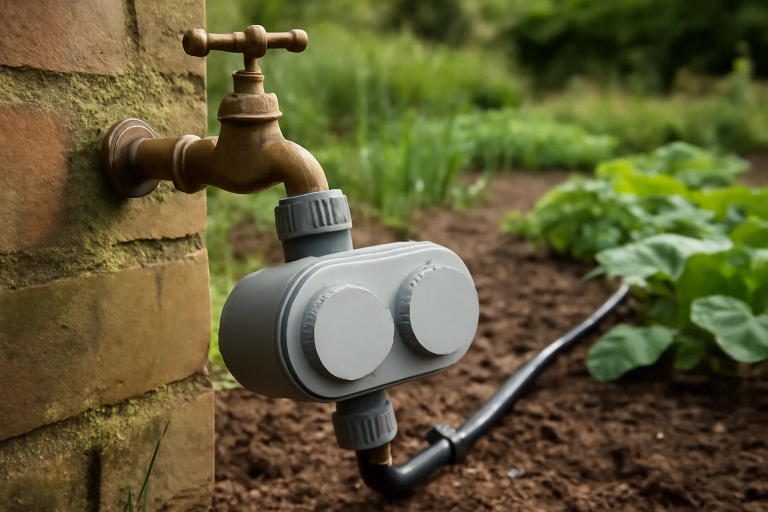Plain tap timer connected to drip irrigation tubing in a vegetable bed
