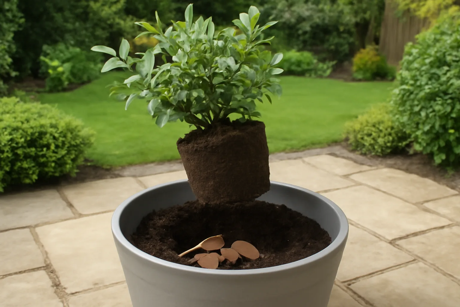 Blueberry bush planted in ericaceous compost in a patio pot