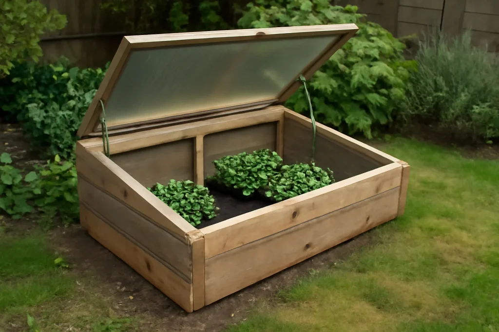 Recycled timber cold frame with clear lid protecting seedlings