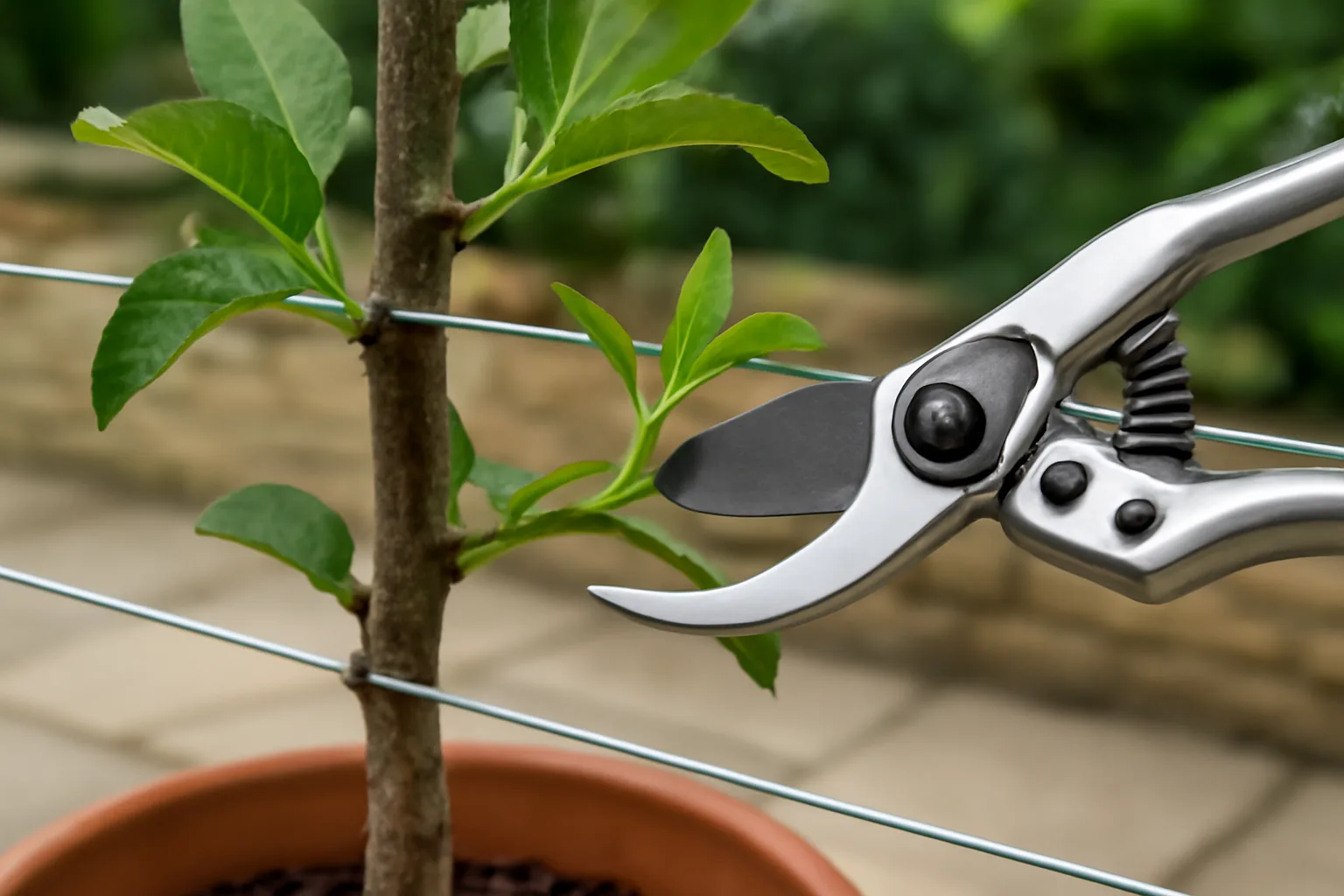 Secateurs pruning a short side shoot on a potted apple cordon